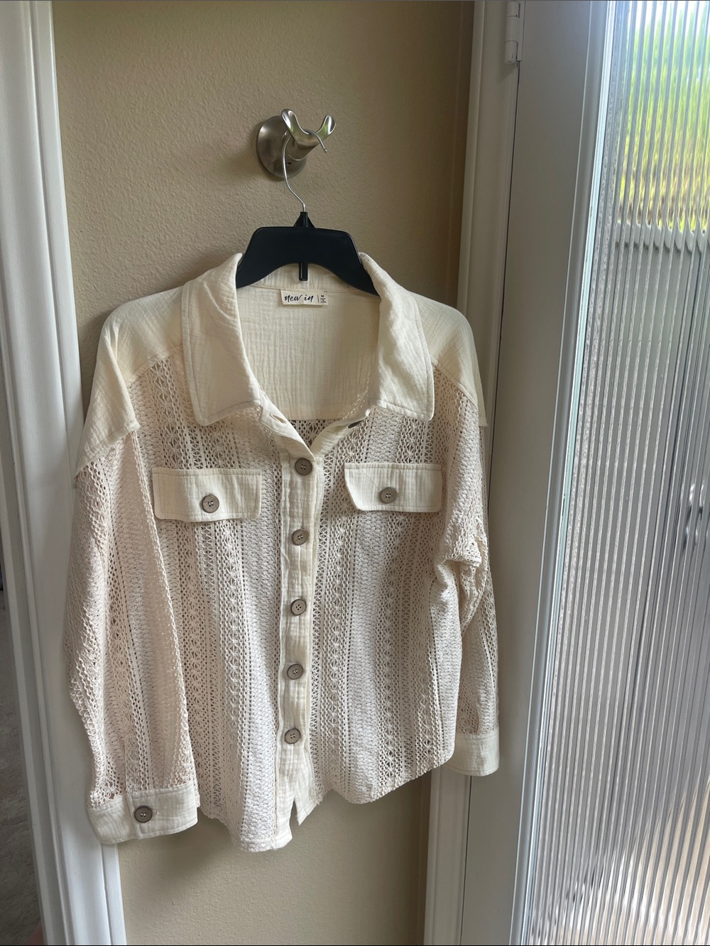 Open-Knit Cream Button-Front Shirt Jacket
